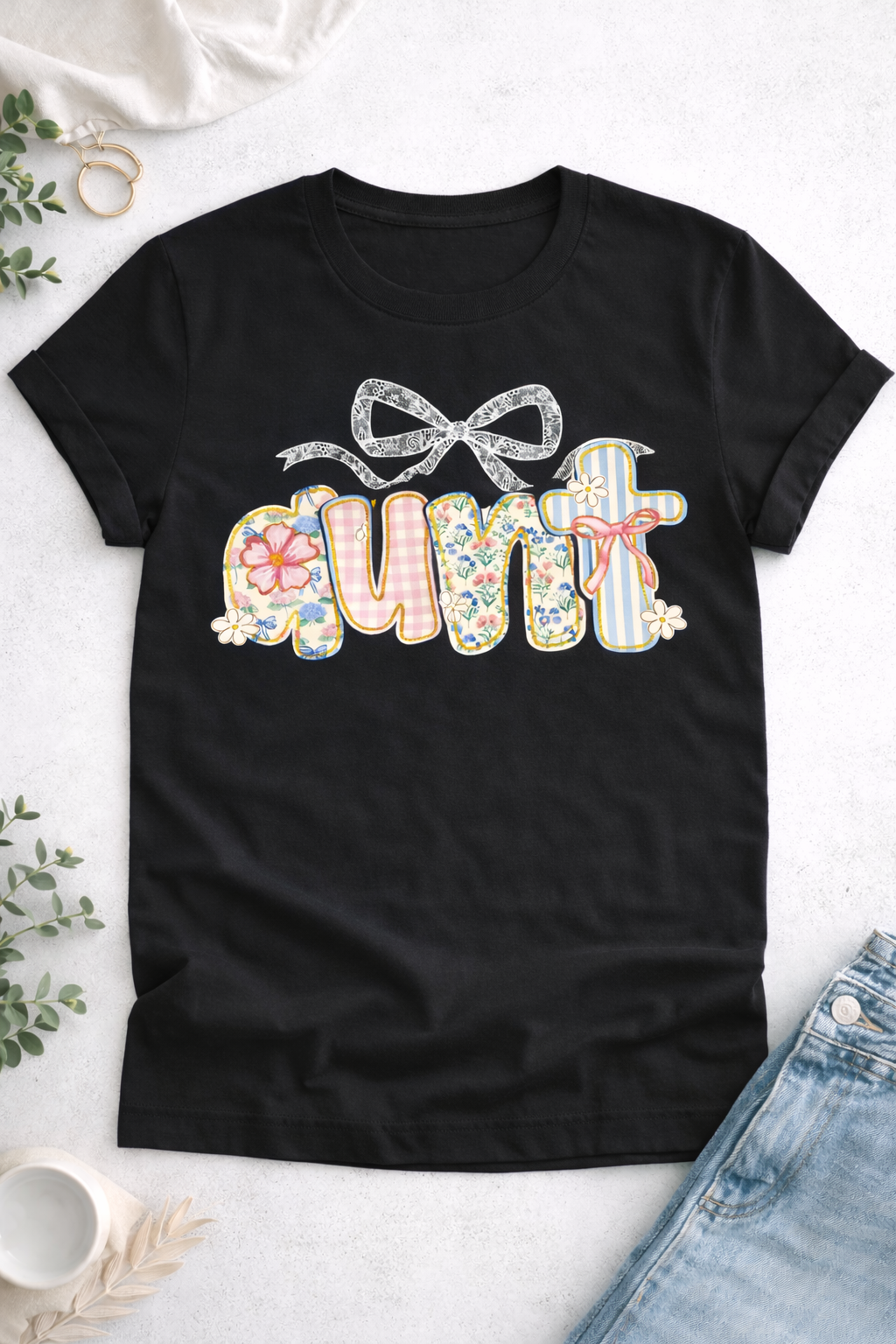Aunt Life Floral Lace Bow T-Shirt