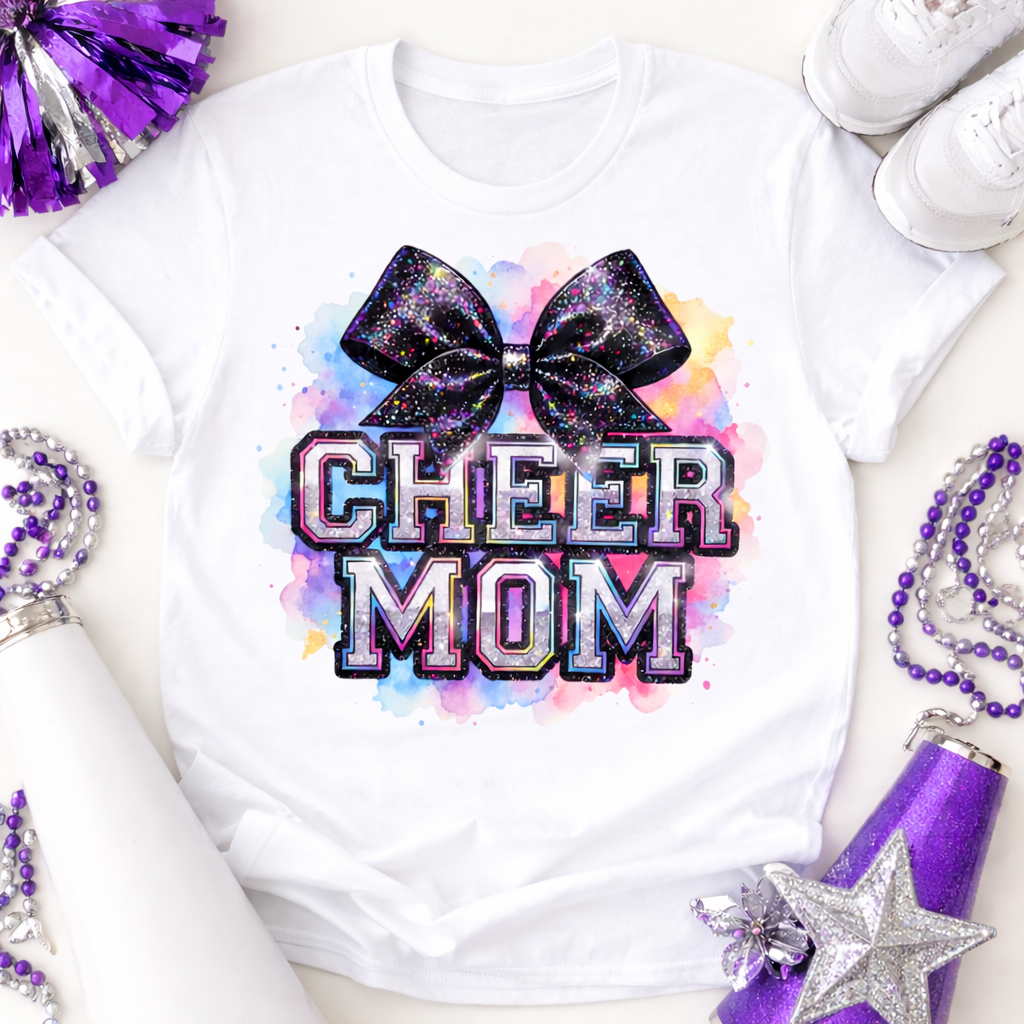 Sparkle Cheer Mom Bow Shirt | Glitter Cheerleading Mom Graphic Tee