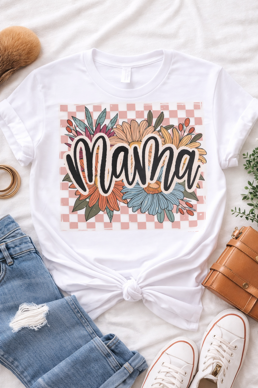 Mama Floral Checkered Graphic Tee