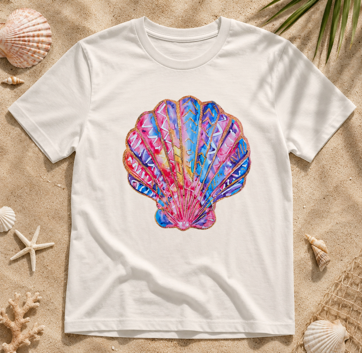 Faux Glitter Seashell Graphic Tee – Coastal Beach Shirt