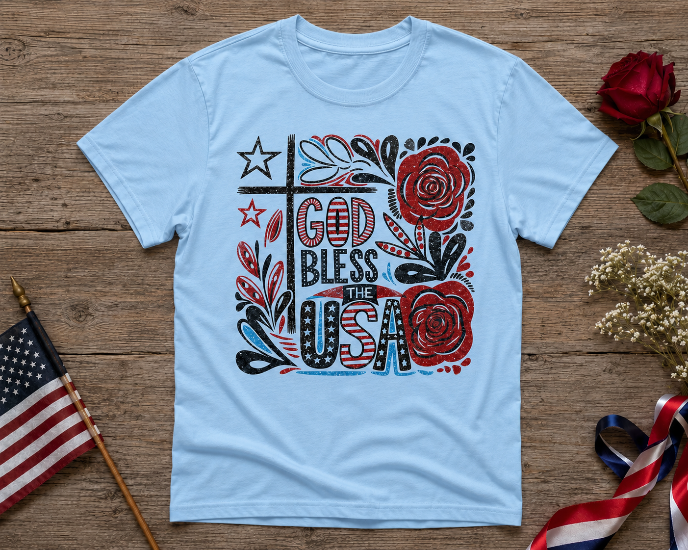 God Bless the USA Glitter Patriotic Floral Graphic Tee | Christian Fourth of July Shirt