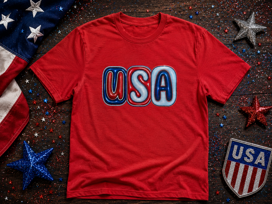 Retro USA Glitter Patriotic Graphic Tee | Sparkly Red White & Blue Fourth of July Shirt for Women & Men