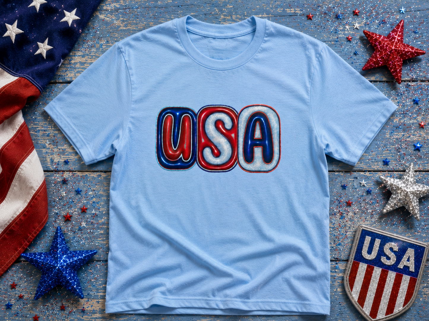 Retro USA Glitter Patriotic Graphic Tee | Sparkly Red White & Blue Fourth of July Shirt for Women & Men