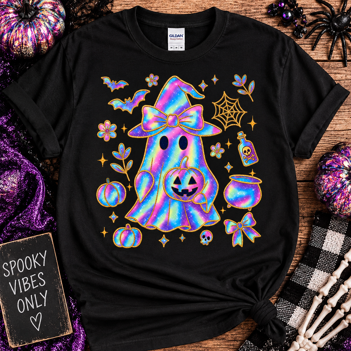 Colorful Halloween Ghost Graphic Tee – Spooky Shirt