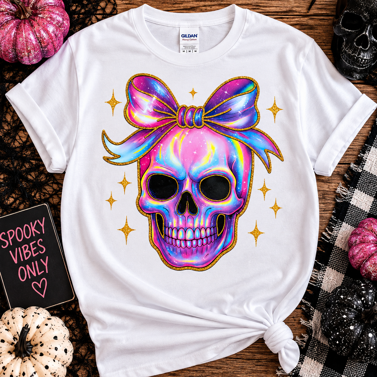 Colorful Skull Bow Graphic Tee – Cute Spooky Halloween Shirt