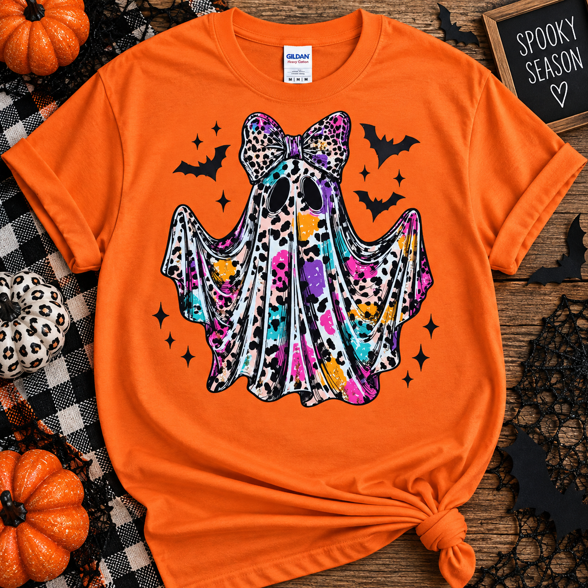 Leopard Print Ghost Halloween Graphic Tee – Colorful Spooky Bow Shirt