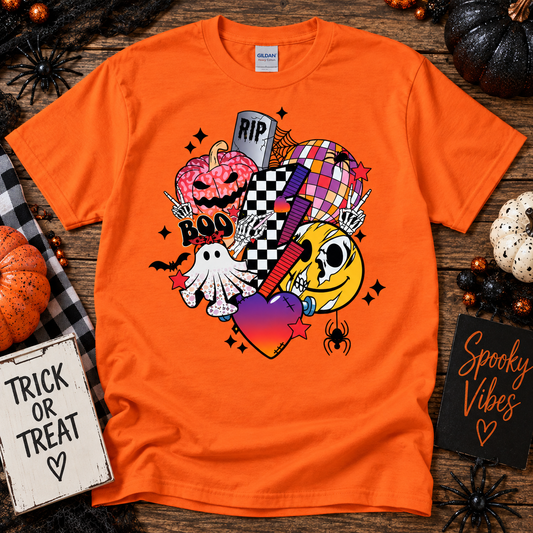 Retro Spooky Season Graphic Tee – Colorful Halloween Ghost & Pumpkin Shirt.