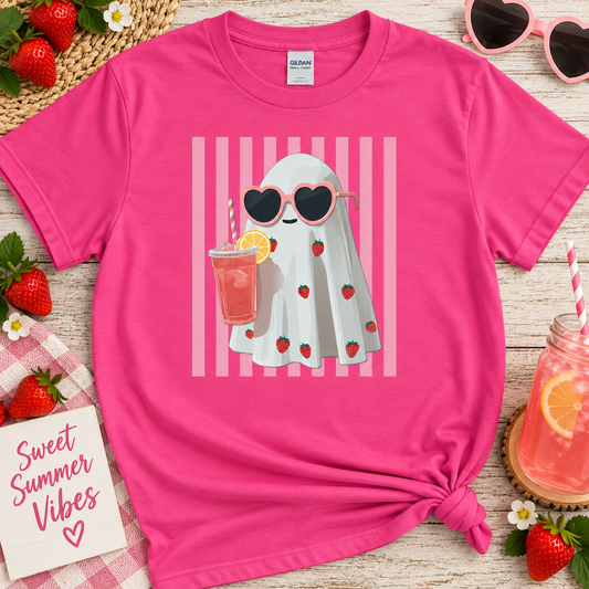 Cute Strawberry Ghost Tee – Pink Summerween Graphic Shirt