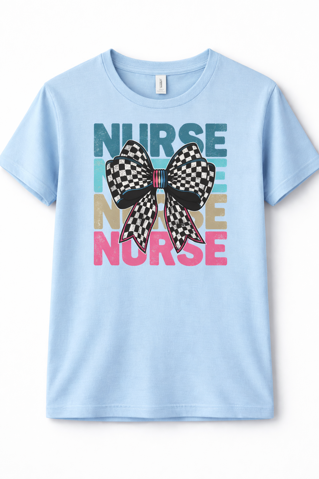 Retro Checkered Bow Nurse Graphic Tee | Trendy Distressed Design