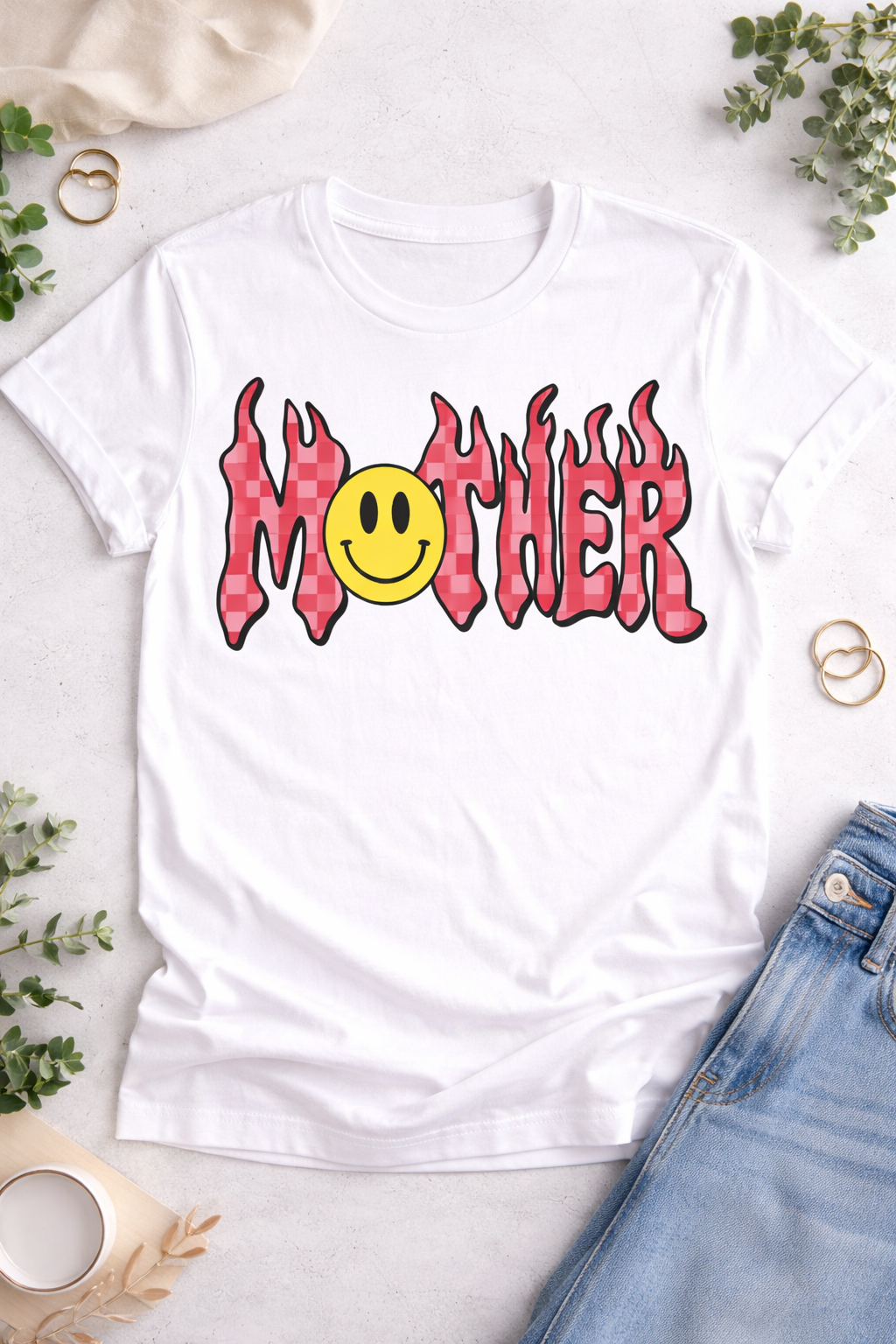 Checkered Mother Tee | Retro Smiley Mom Shirt