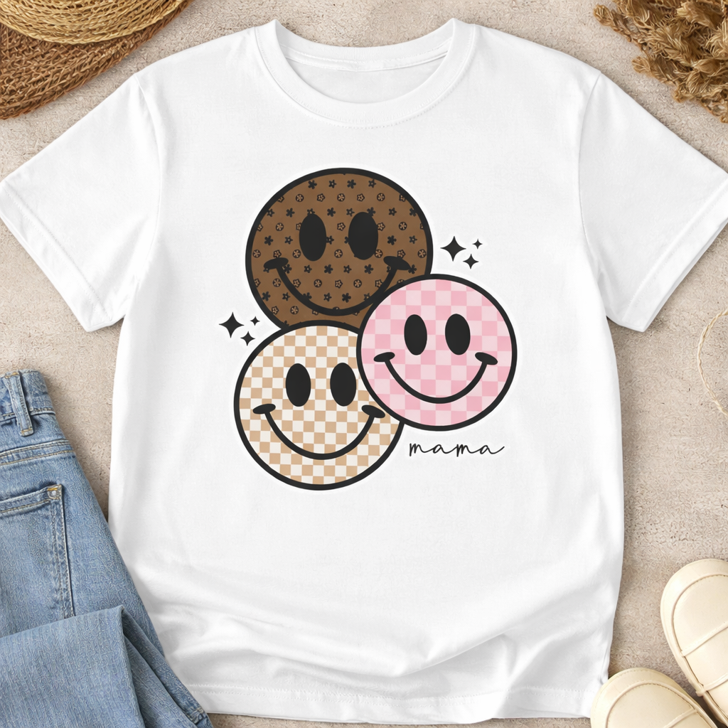 Smiley Mama Shirt | Checkered Happy Face Mom Graphic Tee | Neutral Aesthetic Mama Shirt