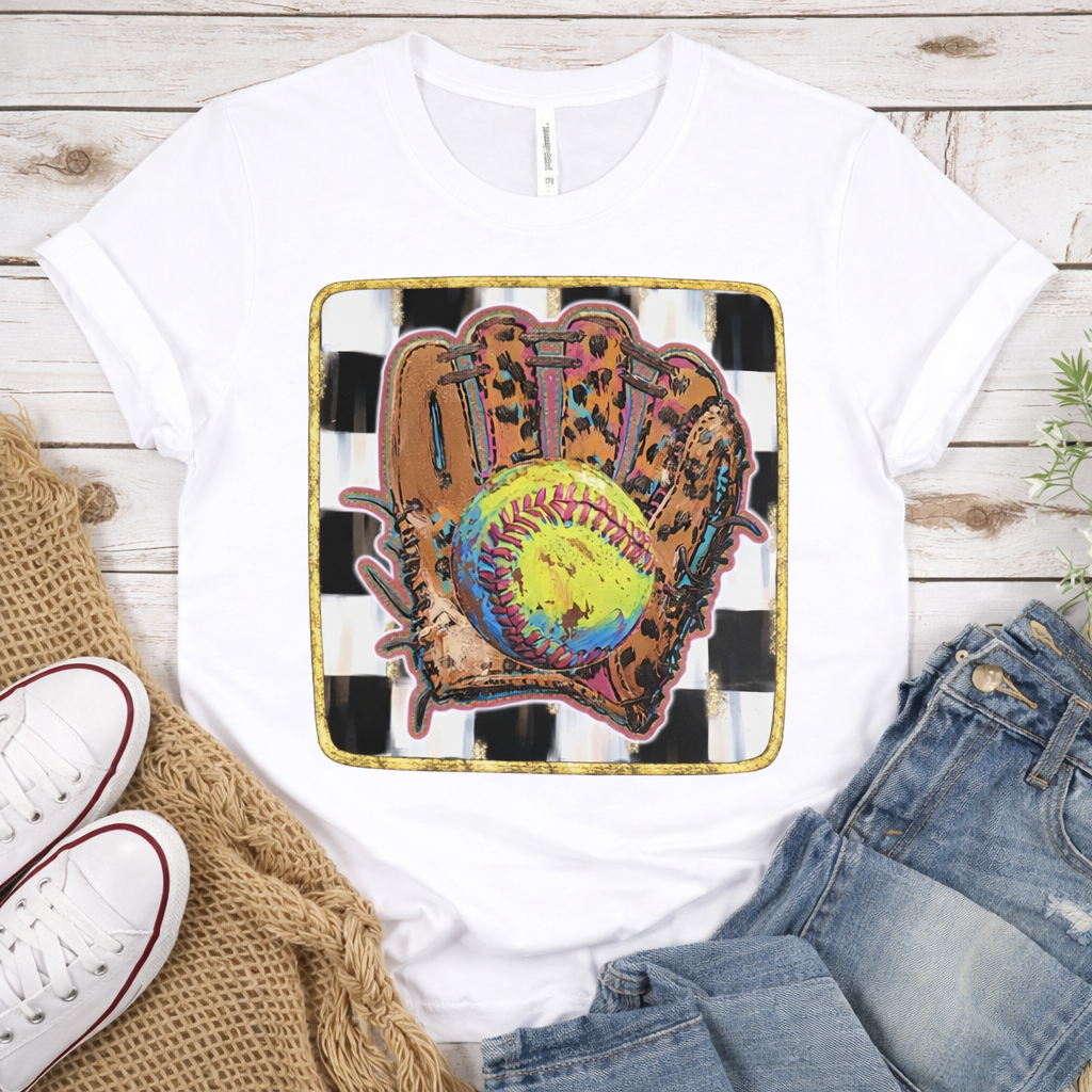 Leopard Print Softball Glove Graphic Tee | Colorful Softball Lover T-Shirt
