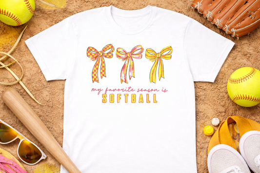 “My Favorite Season Is Softball” Bow Graphic Tee | Cute Softball Mom Shirt | Softball Season T-Shirt | Game Day Sports Tee | Girls Softball Fan Shirt