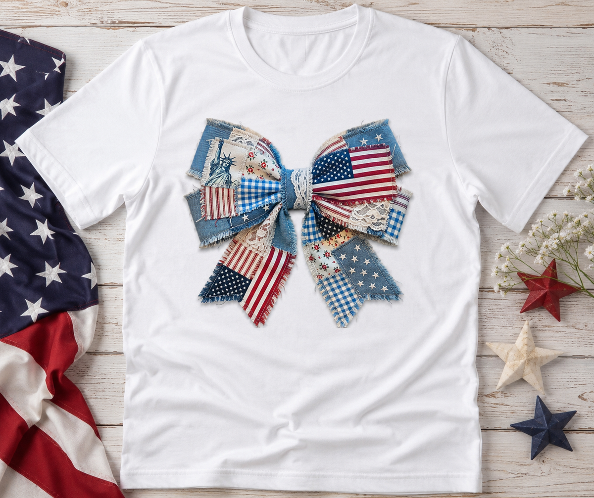 Patriotic Patchwork Bow Graphic Tee | Cute Americana Fourth of July Shirt