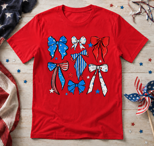 Patriotic Bows Graphic Tee | Cute Red White & Blue Fourth of July Shirt