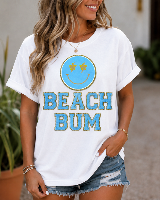 Beach Bum Faux Glitter Textured Graphic T-Shirt | Vintage Coastal Summer Tee