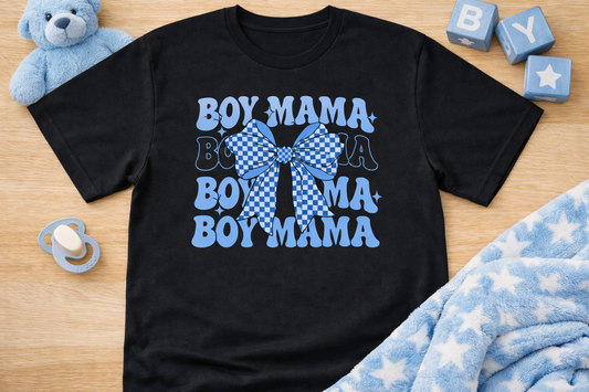 Boy Mama Shirt – Blue Bow Checkered Mom Graphic Tee
