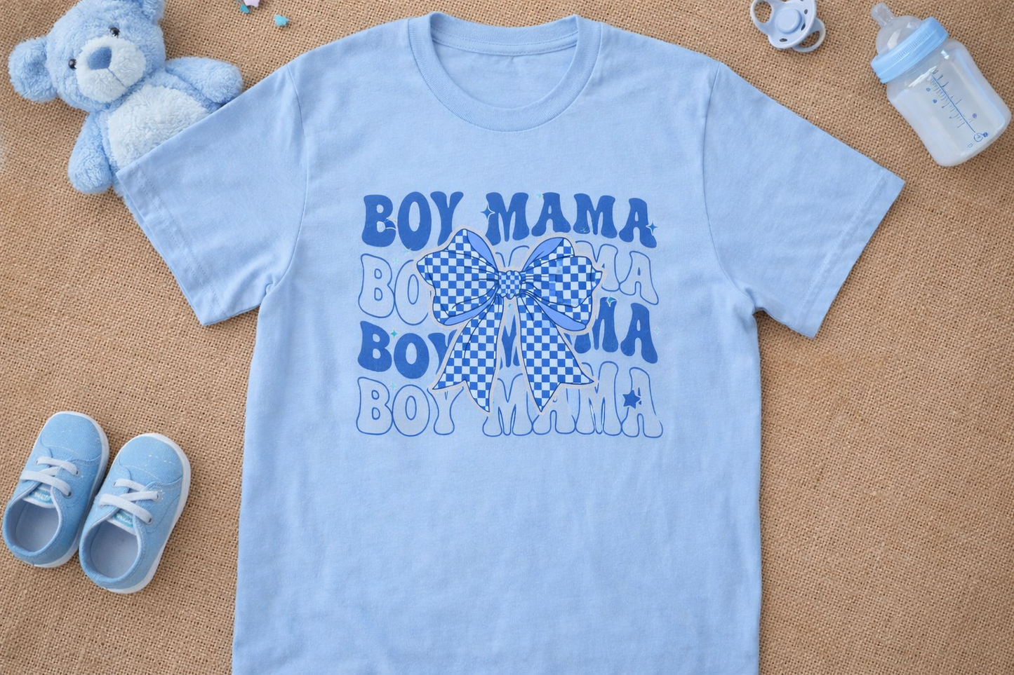 Boy Mama Shirt – Blue Bow Checkered Mom Graphic Tee