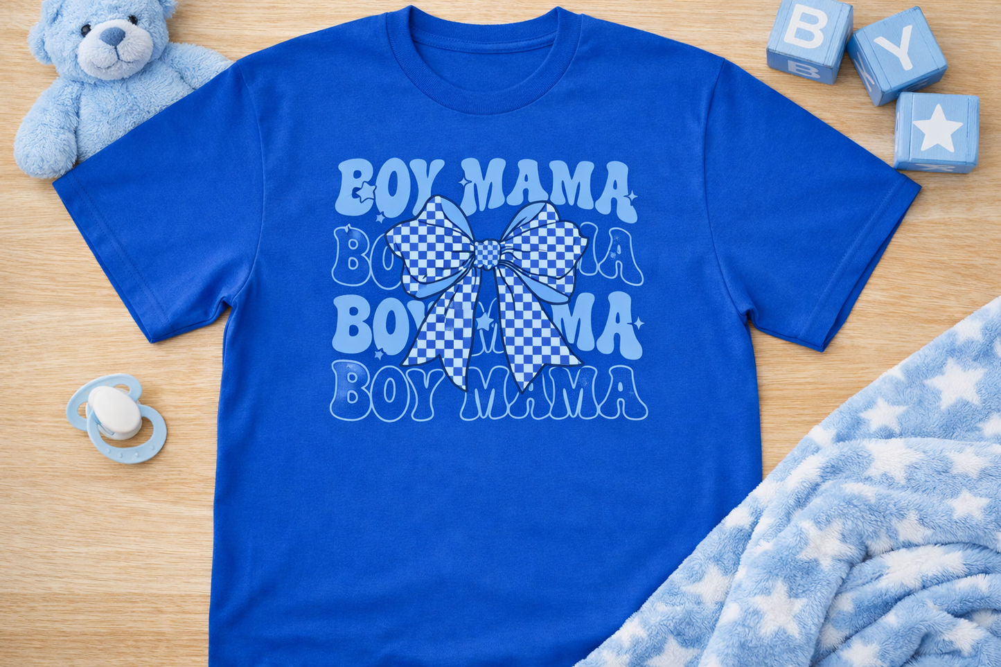 Boy Mama Shirt β Blue Bow Checkered Mom Graphic Tee