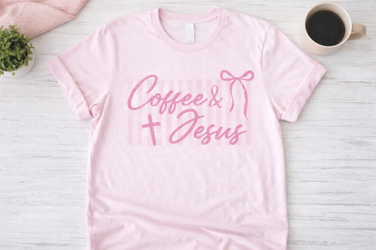 Coffee and Jesus Shirt Cute Christian Graphic Tee | Faith Based Pink Bow Shirt