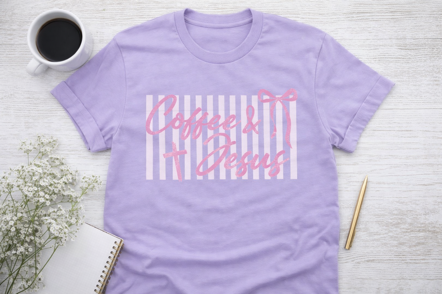 Coffee and Jesus Shirt Cute Christian Graphic Tee | Faith Based Pink Bow Shirt