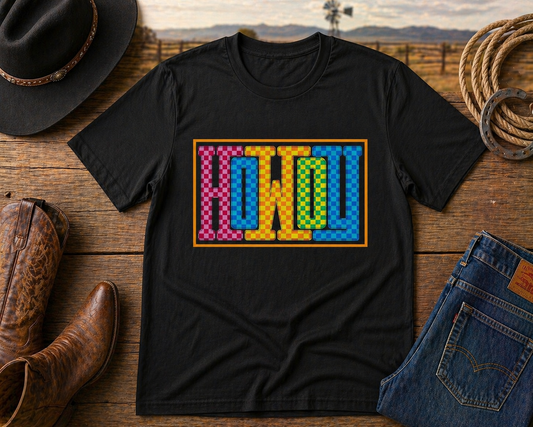 Howdy Western Shirt | Colorful Checkered Cowboy Graphic Tee | Retro Western Aesthetic Shirt