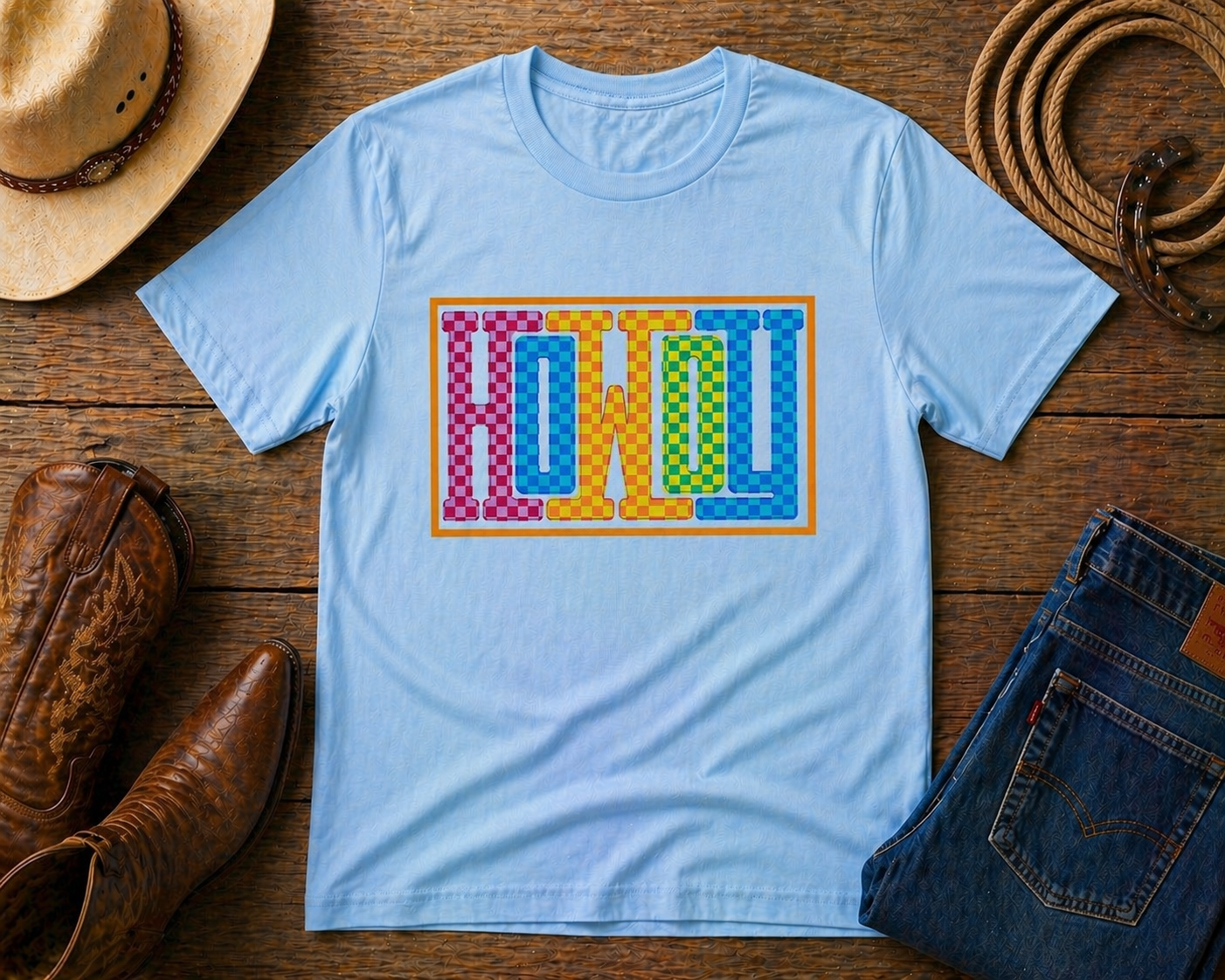 Howdy Western Shirt | Colorful Checkered Cowboy Graphic Tee | Retro Western Aesthetic Shirt