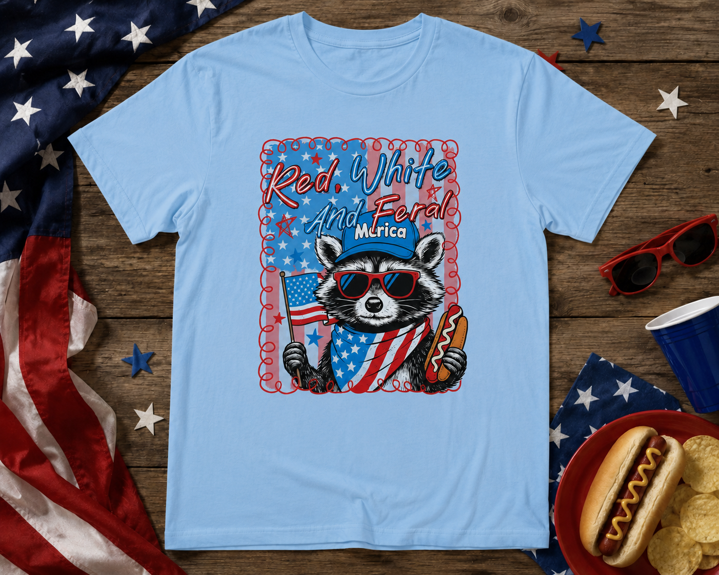 Red White & Feral Raccoon Graphic Tee | Funny Patriotic Fourth of July Shirt for Women & Men