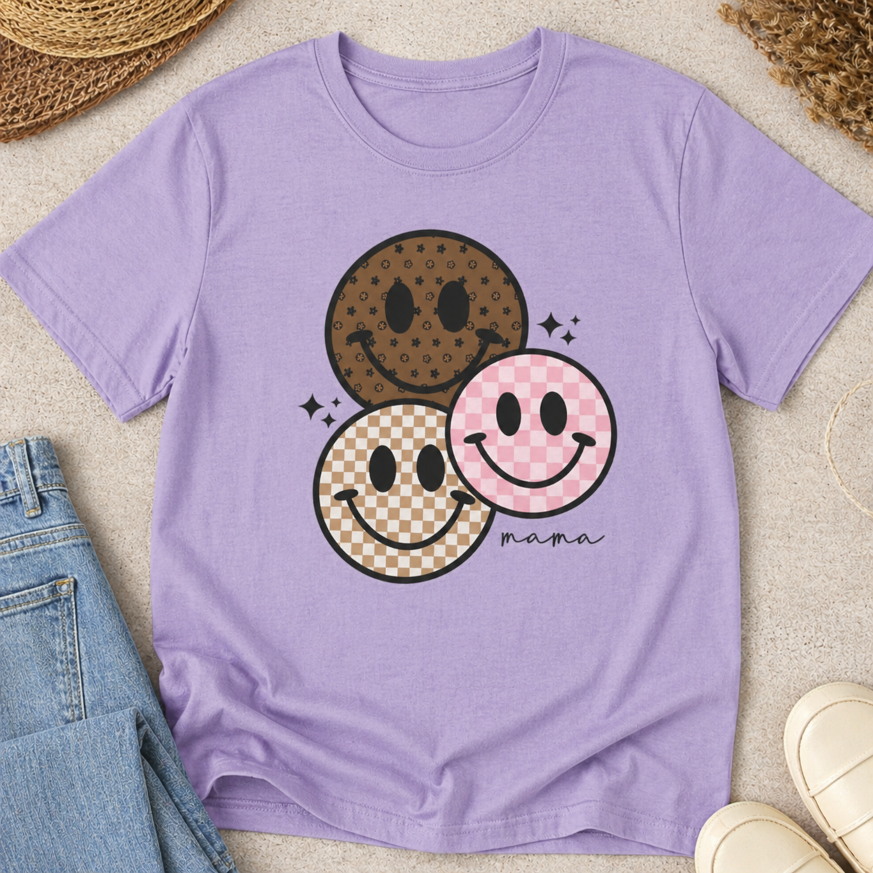 Smiley Mama Shirt | Checkered Happy Face Mom Graphic Tee | Neutral Aesthetic Mama Shirt