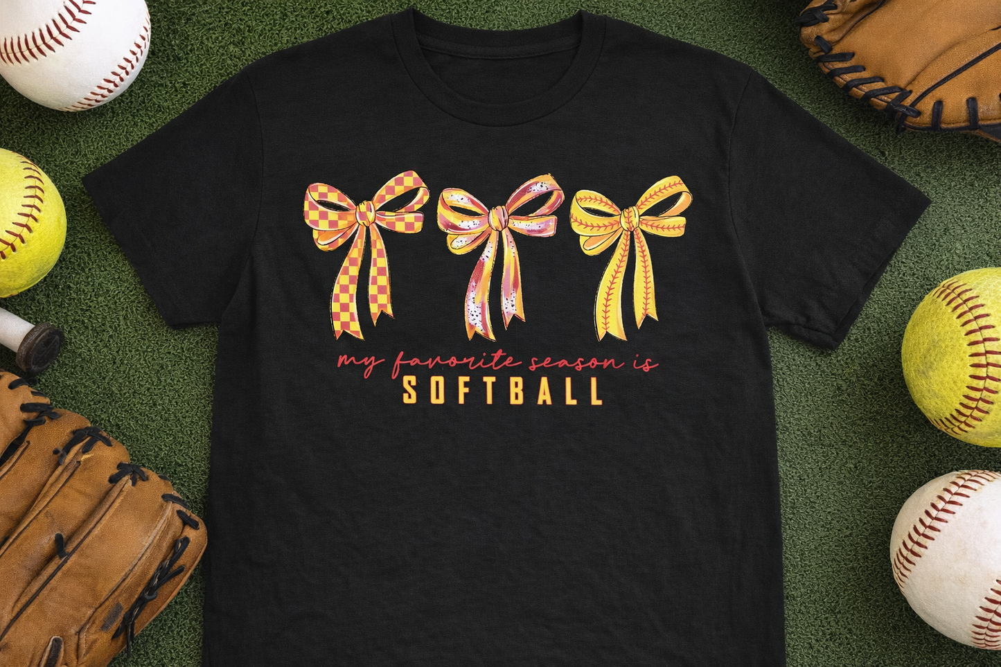 “My Favorite Season Is Softball” Bow Graphic Tee | Cute Softball Mom Shirt | Softball Season T-Shirt | Game Day Sports Tee | Girls Softball Fan Shirt