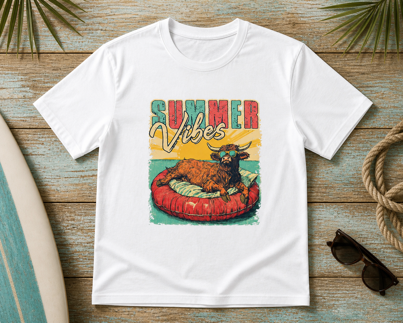 Summer Vibes Cow Shirt β Funny Highland Cow Pool Float Graphic Tee