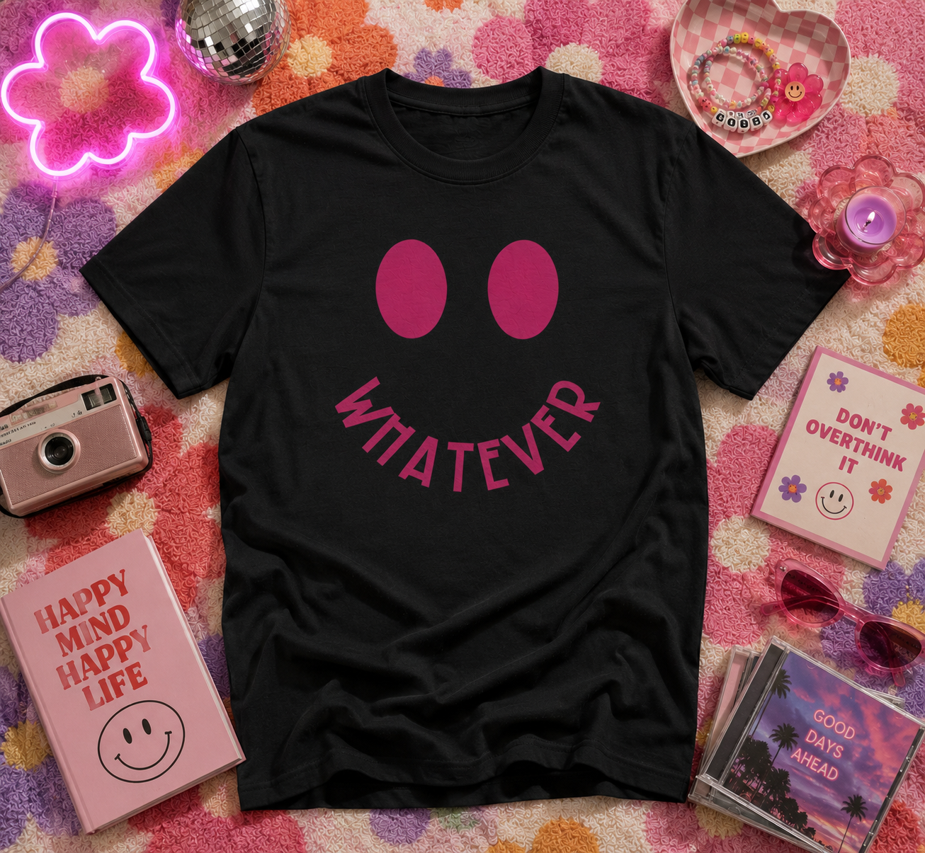 Whatever Smiley Face Graphic Tee | Trendy Pink Smiley Shirt