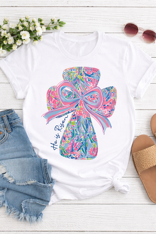 He Is Risen Vibrant Cross Bow T-Shirt