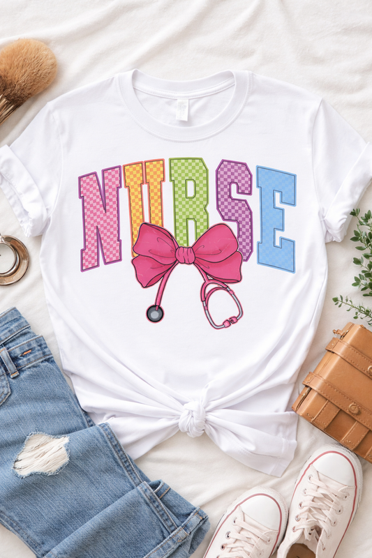 Colorful Nurse Bow & Stethoscope Graphic Tee