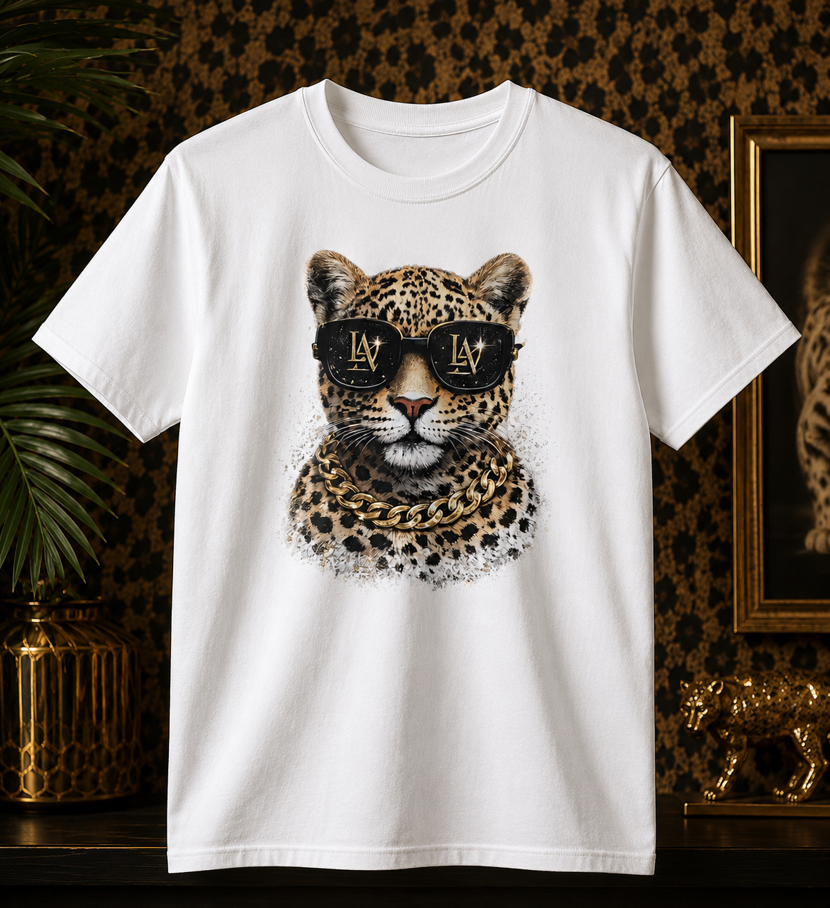 Luxury Leopard Sunglasses Graphic Tee – Chic Animal Print Fashion Shirt