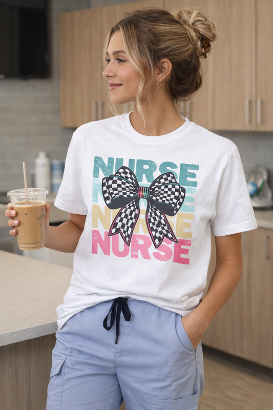 Retro Checkered Bow Nurse Graphic Tee | Trendy Distressed Design