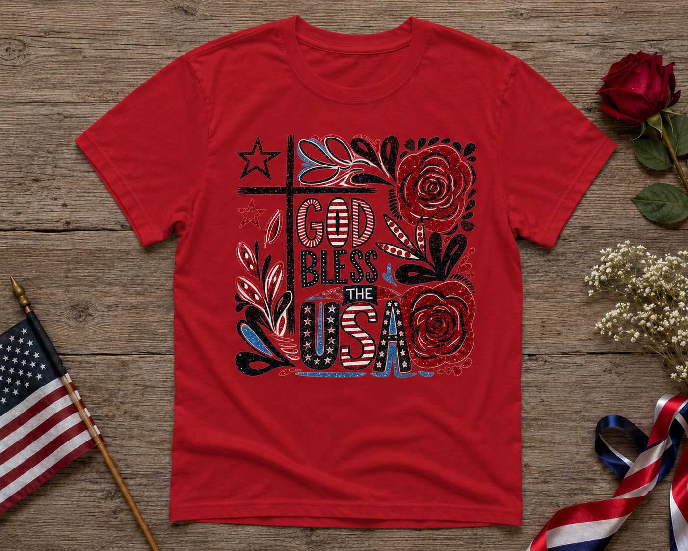 God Bless the USA Glitter Patriotic Floral Graphic Tee | Christian Fourth of July Shirt