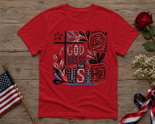God Bless the USA Glitter Patriotic Floral Graphic Tee | Christian Fourth of July Shirt