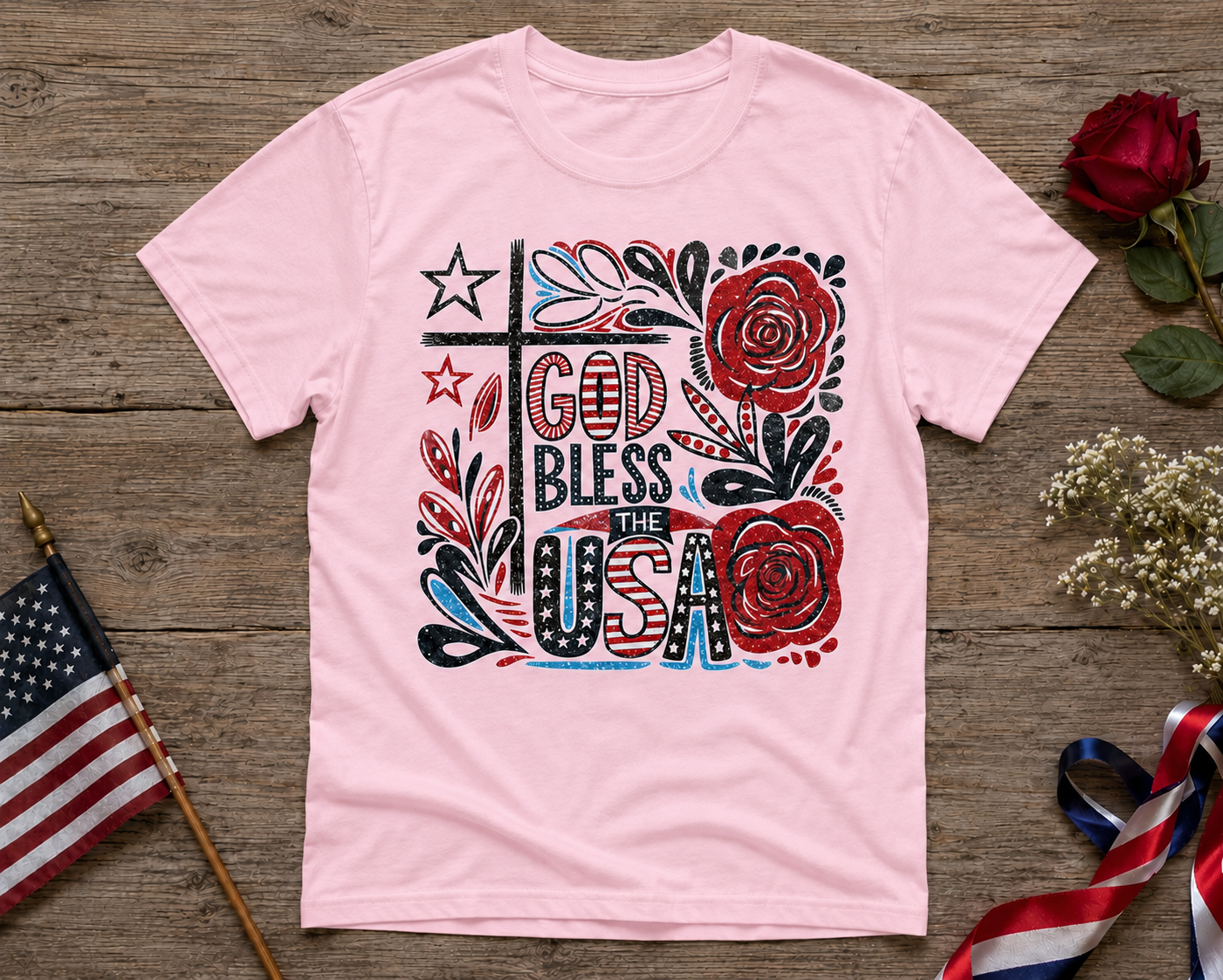 God Bless the USA Glitter Patriotic Floral Graphic Tee | Christian Fourth of July Shirt