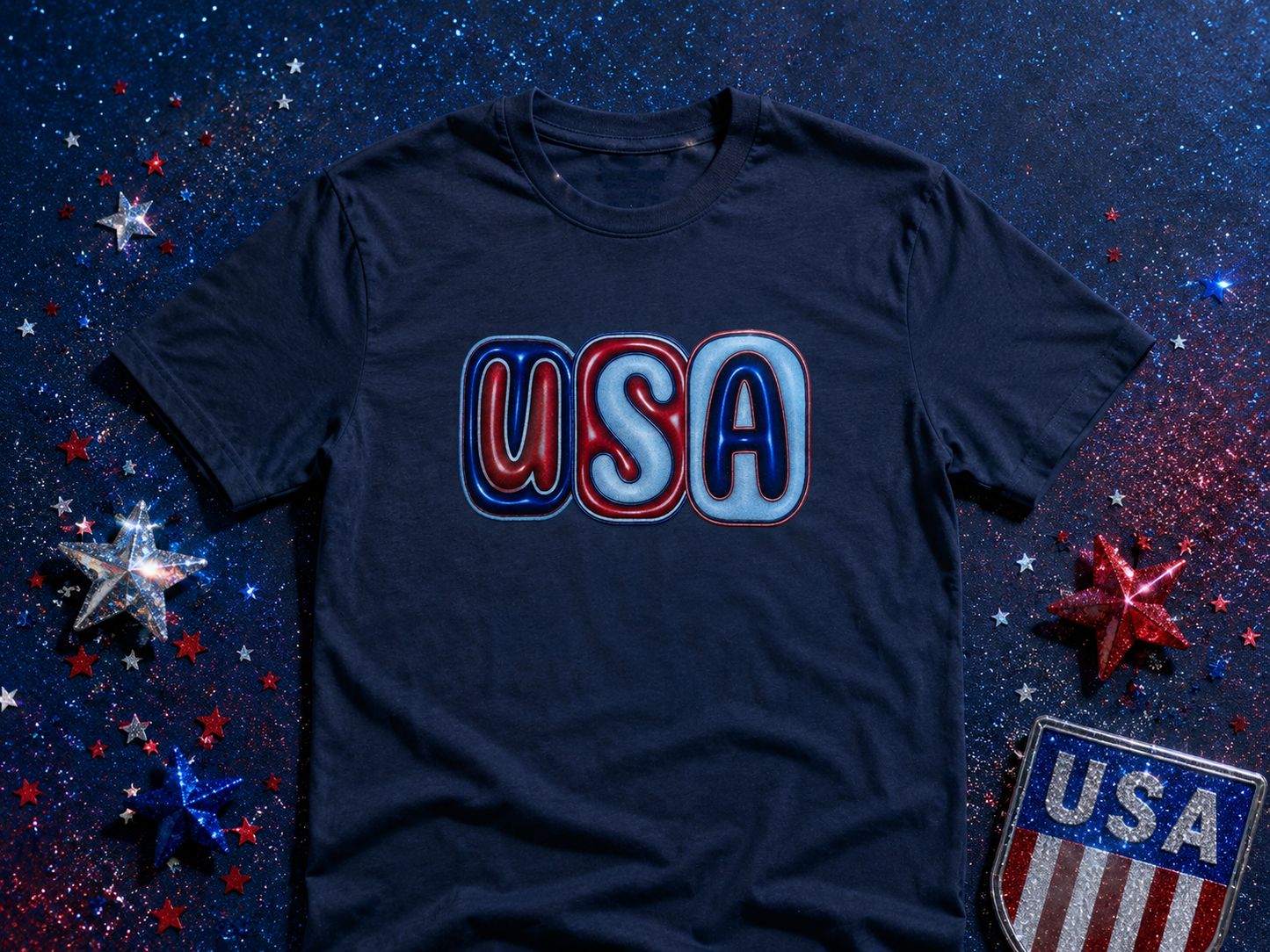 Retro USA Glitter Patriotic Graphic Tee | Sparkly Red White & Blue Fourth of July Shirt for Women & Men
