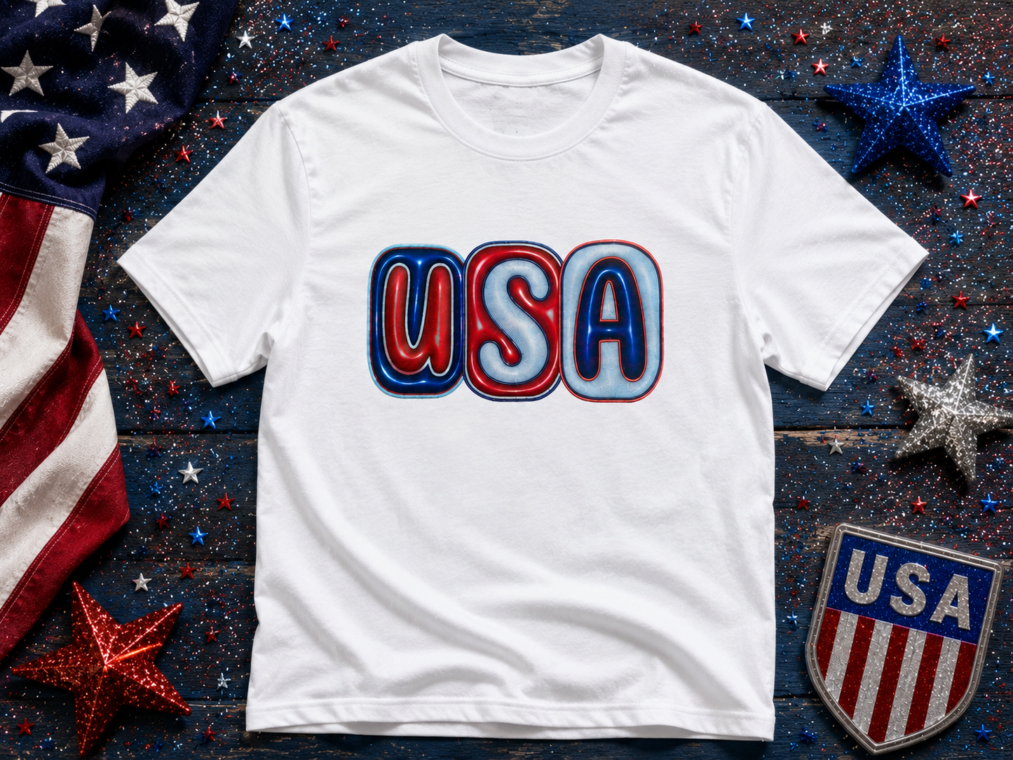 Retro USA Glitter Patriotic Graphic Tee | Sparkly Red White & Blue Fourth of July Shirt for Women & Men