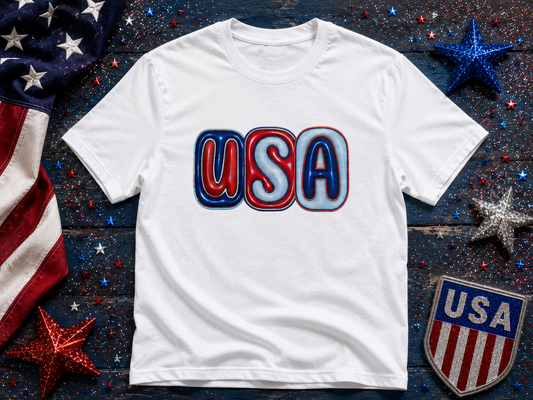 Retro USA Glitter Patriotic Graphic Tee | Sparkly Red White & Blue Fourth of July Shirt for Women & Men