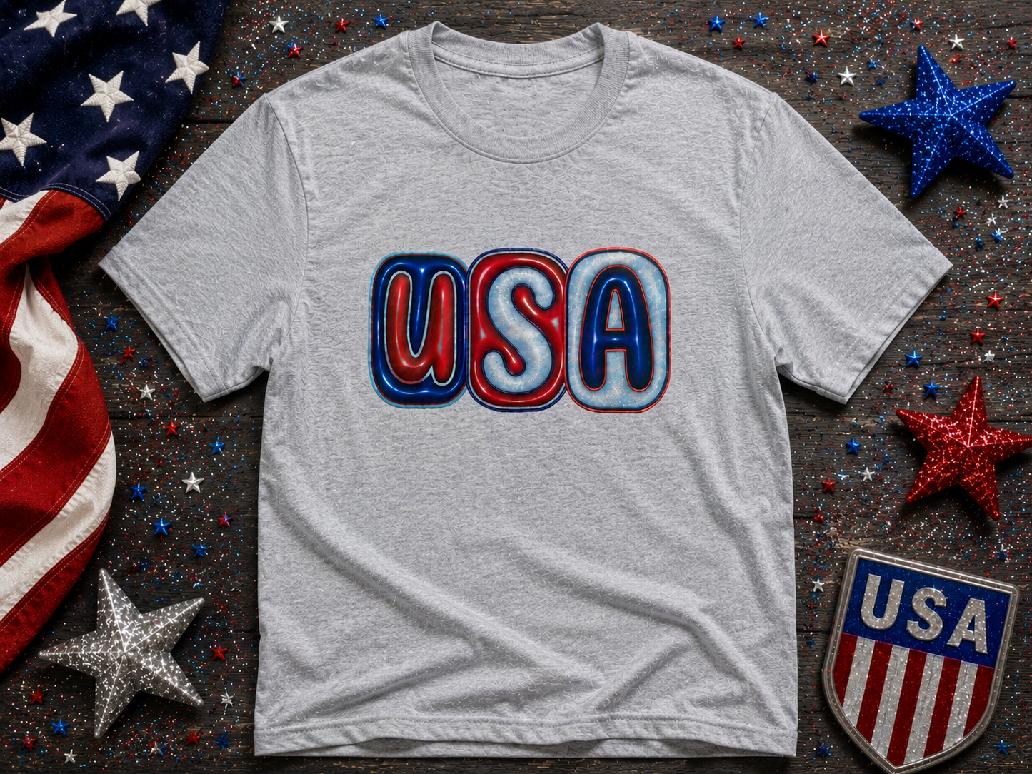 Retro USA Glitter Patriotic Graphic Tee | Sparkly Red White & Blue Fourth of July Shirt for Women & Men
