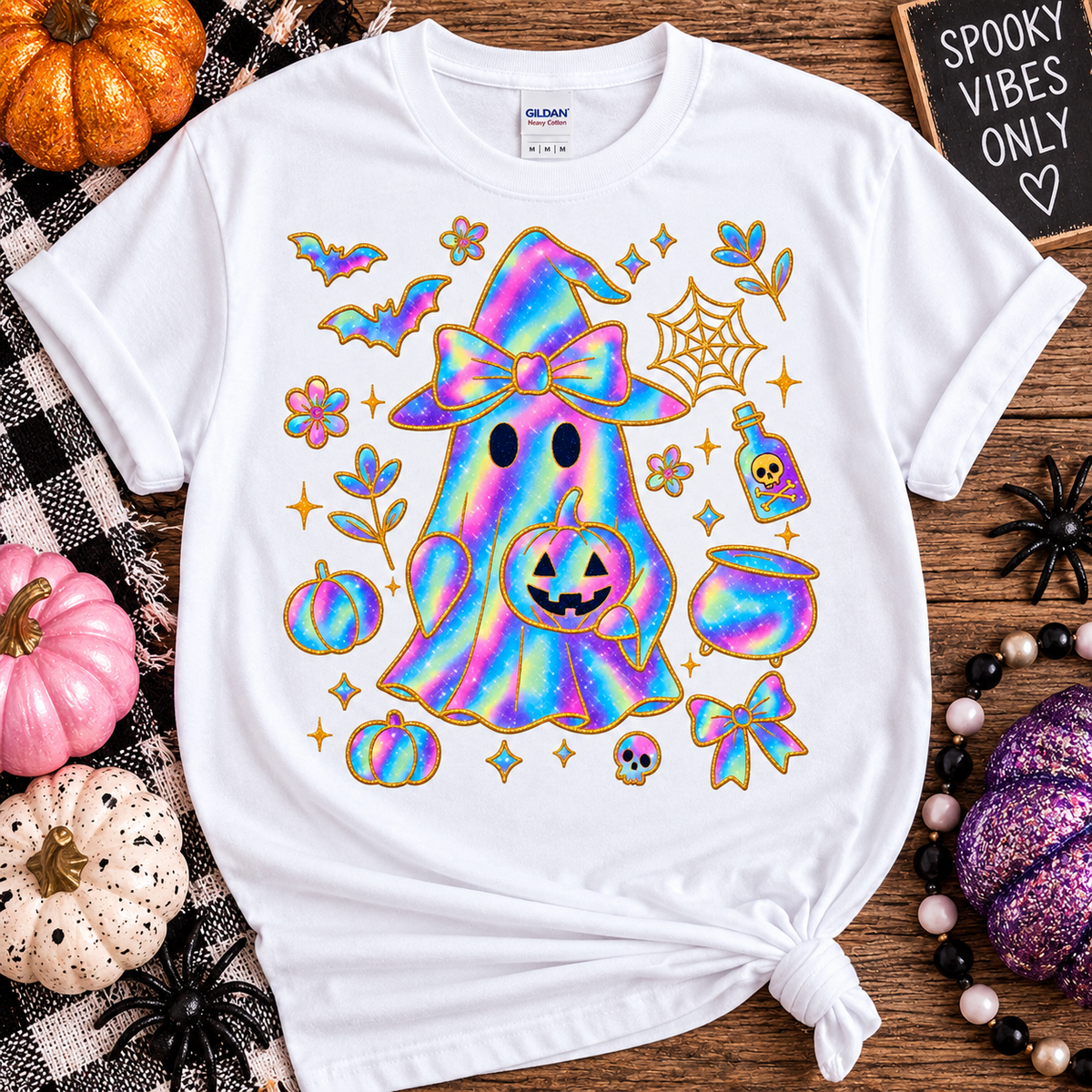 Colorful Halloween Ghost Graphic Tee – Spooky Shirt