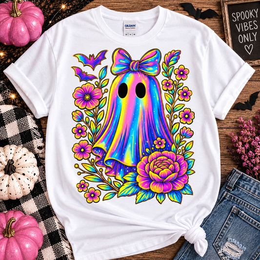 Colorful Ghost Halloween Graphic Tee – Cute Floral Spooky Shirt