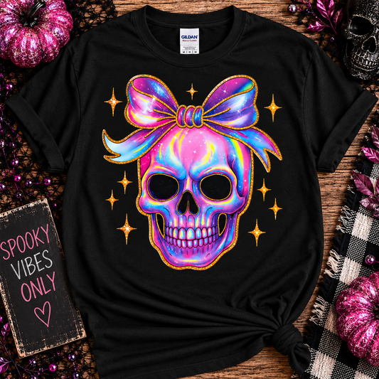 Colorful Skull Bow Graphic Tee – Cute Spooky Halloween Shirt