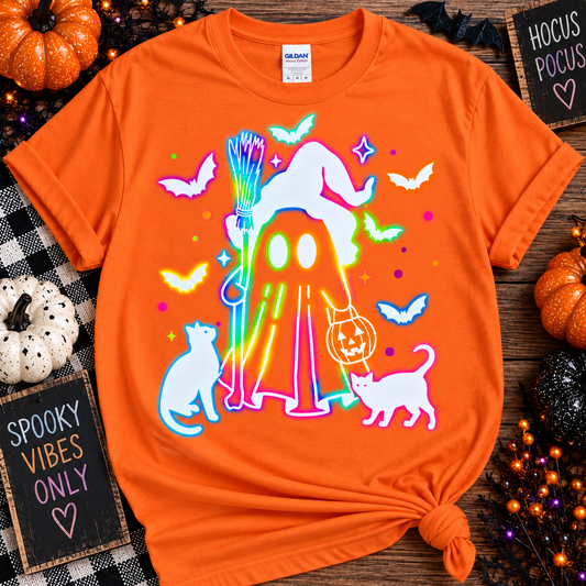 Colorful Witch Ghost Graphic Tee – Neon Spooky Halloween Shirt