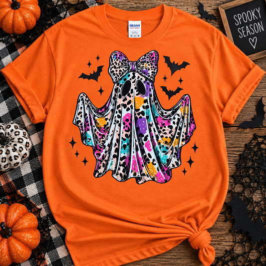 Leopard Print Ghost Halloween Graphic Tee – Colorful Spooky Bow Shirt