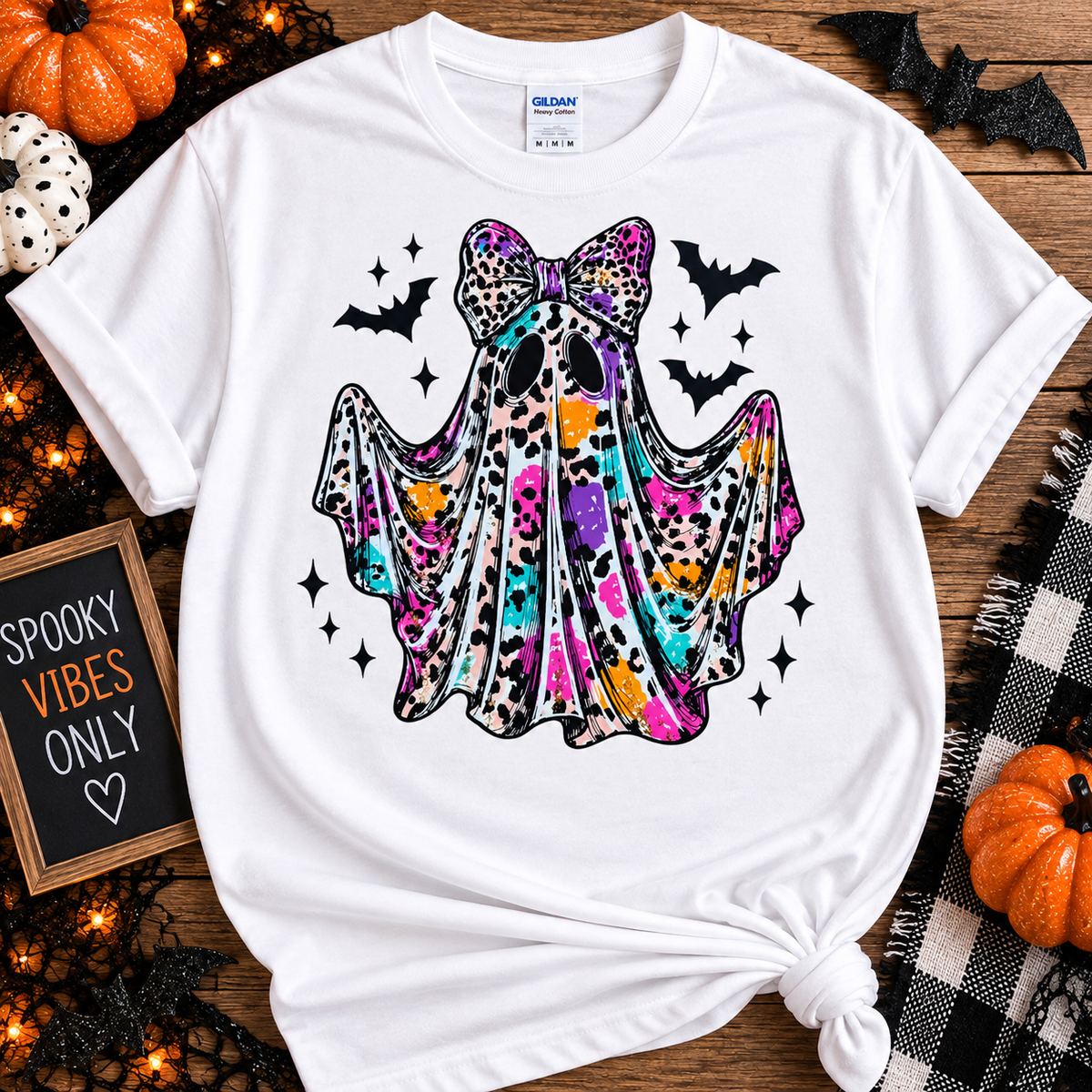 Leopard Print Ghost Halloween Graphic Tee – Colorful Spooky Bow Shirt