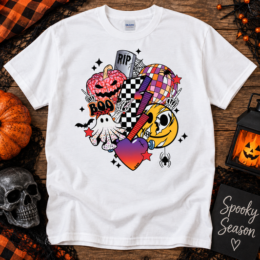 Retro Spooky Season Graphic Tee – Colorful Halloween Ghost & Pumpkin Shirt.